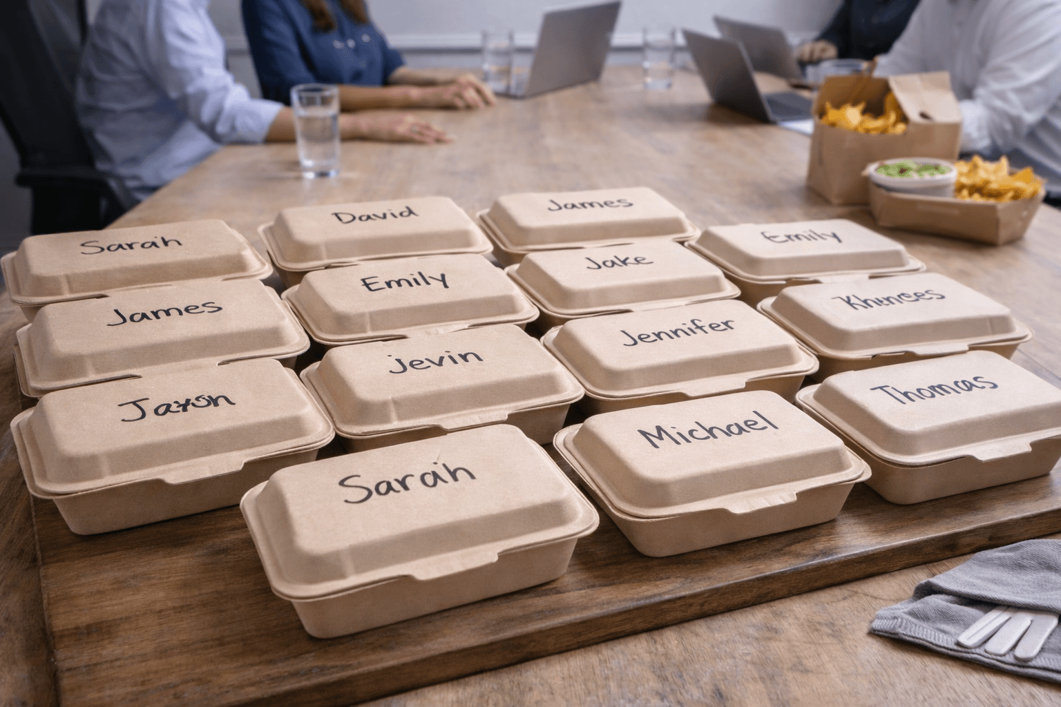 Individually labeled Baja lunch boxes laid out on an office conference table