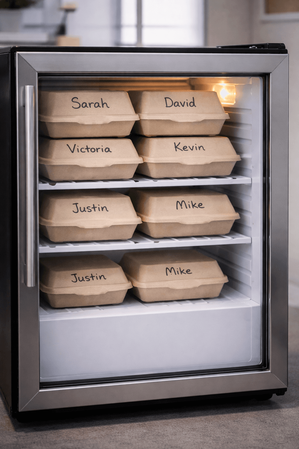 Labeled meals in office fridge